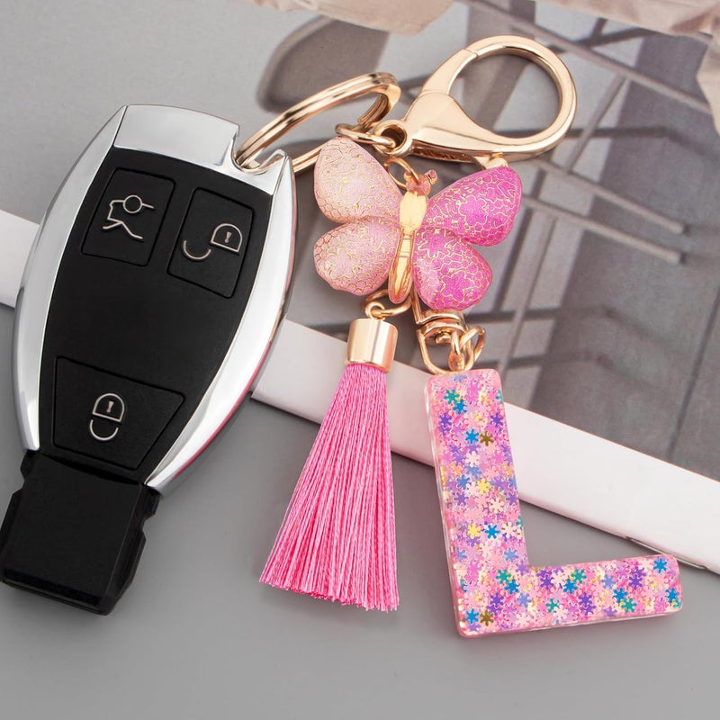 Suweibuke Cute Pink Key Chains for Women Girls, Initial Letter Keychains with Tassel, Charms for Key Purse Handbags Backpacks - Image 2